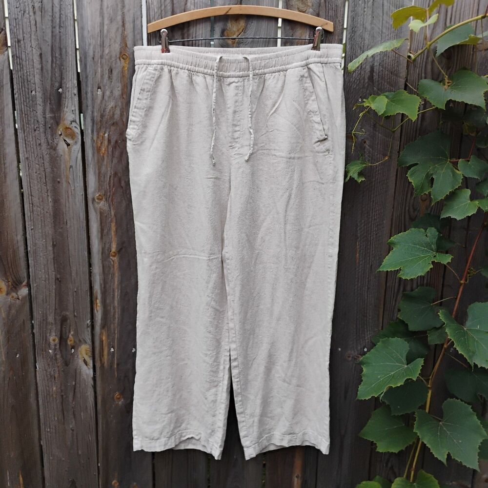 Old Navy Linen Blend Wide Leg Pants Size Large Beige Oatmeal Drawstring Coastal